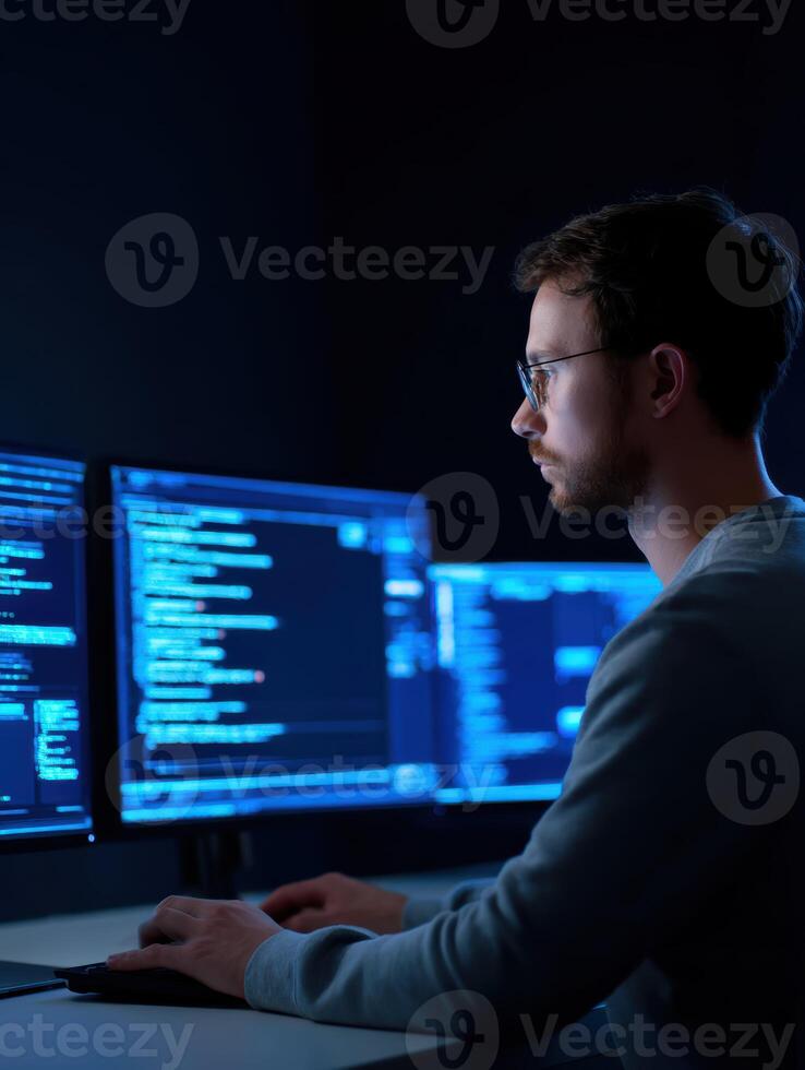 Focused male programmer, serious expert, analyzing complex code. software developer works on computer with multiple monitors for cybersecurity project at night photo