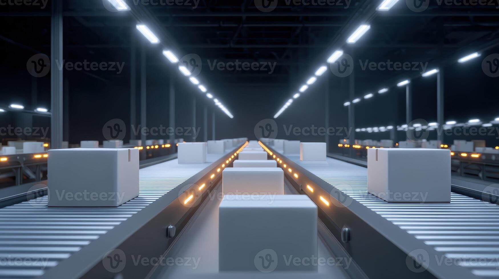 Futuristic automated warehouse showing robots sorting many packages on long conveyor belt. industrial setting highlights modern logistics and efficient supply chain technology photo