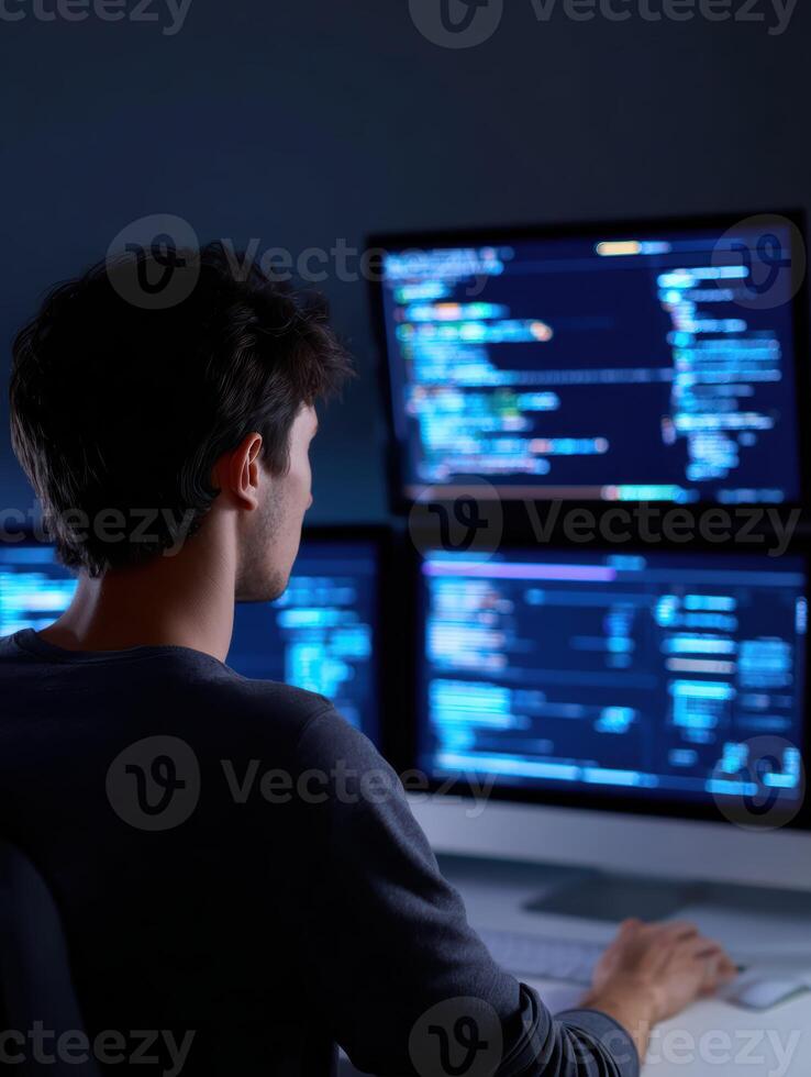 Focused programmer, young man, analyzing complex code at night on multiple computer monitors in dark office. Expert developer concentrating on computer system photo