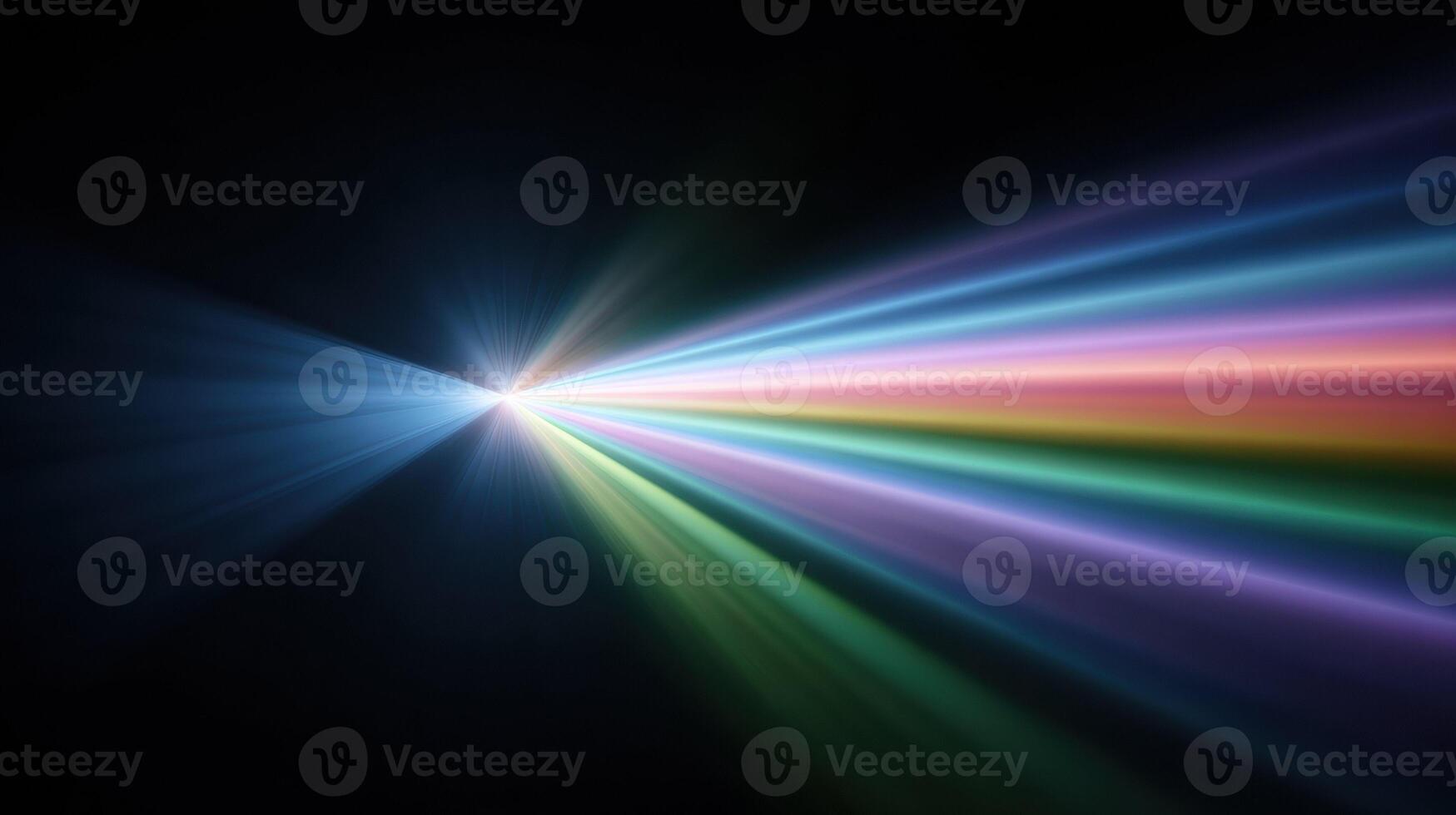 Dynamic bright light beam glowing with colorful spectrum flare on an abstract black background. futuristic stream of vibrant energy creating powerful optic effect photo