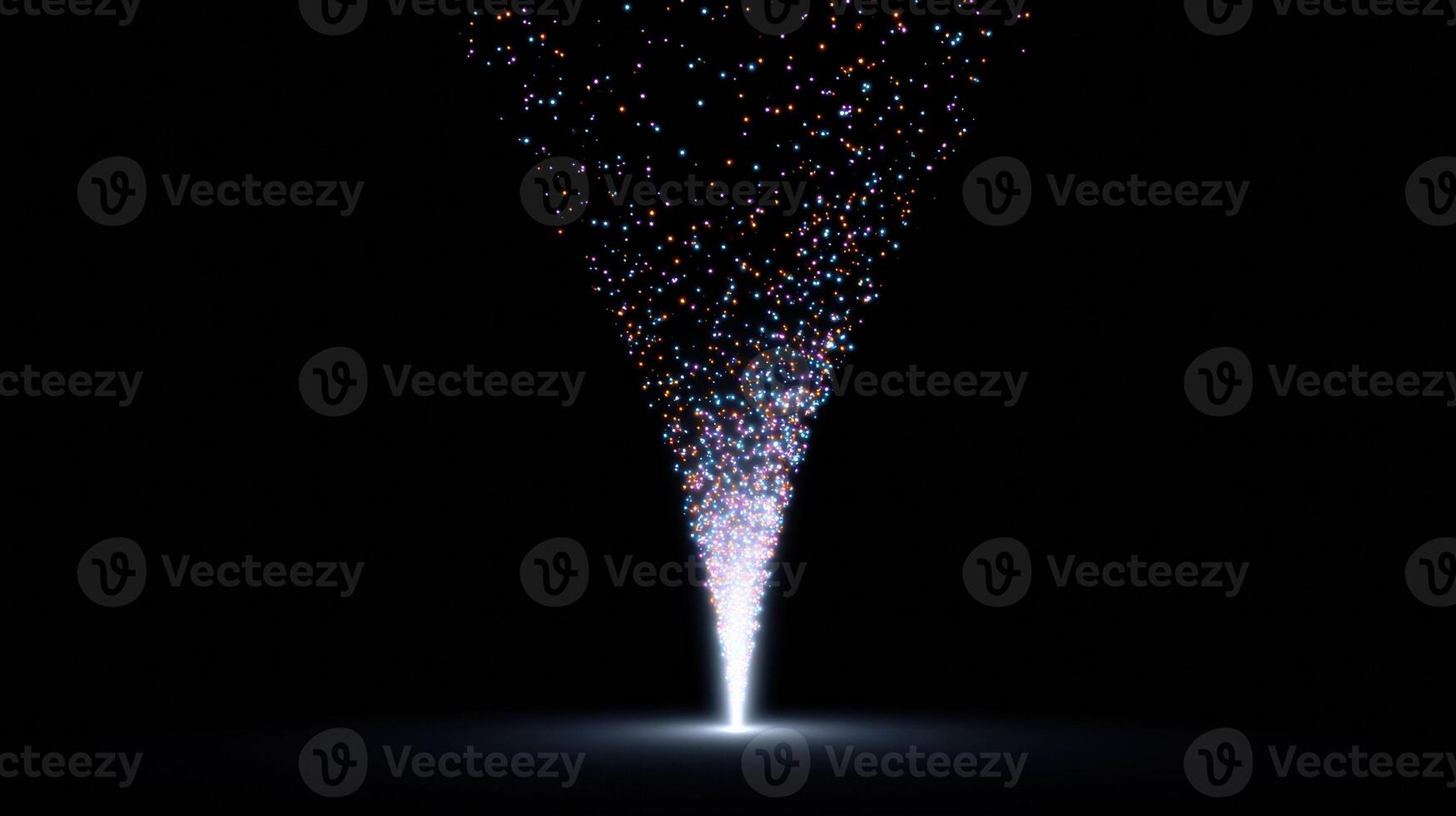 Magical abstract particle flow of digital light creates glowing sparkle vortex. powerful stream of energy ascending from central point on black background photo