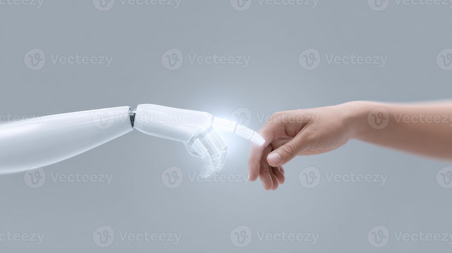 Robot hand and human hand in gentle touch, connection symbolizing harmonious future. Advanced technology and artificial intelligence showing hopeful partnership photo