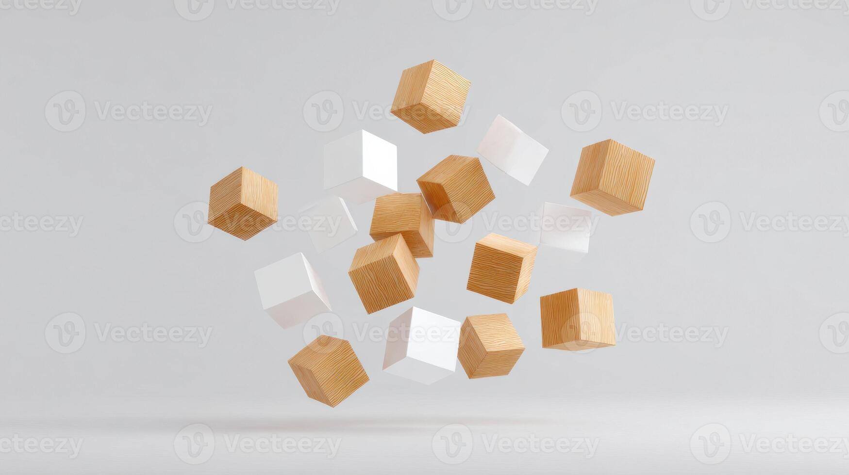 Dynamic and abstract background of wood and glass cube block shapes floating and flying in gentle motion. minimalist conceptual design showing calm and orderly cluster photo