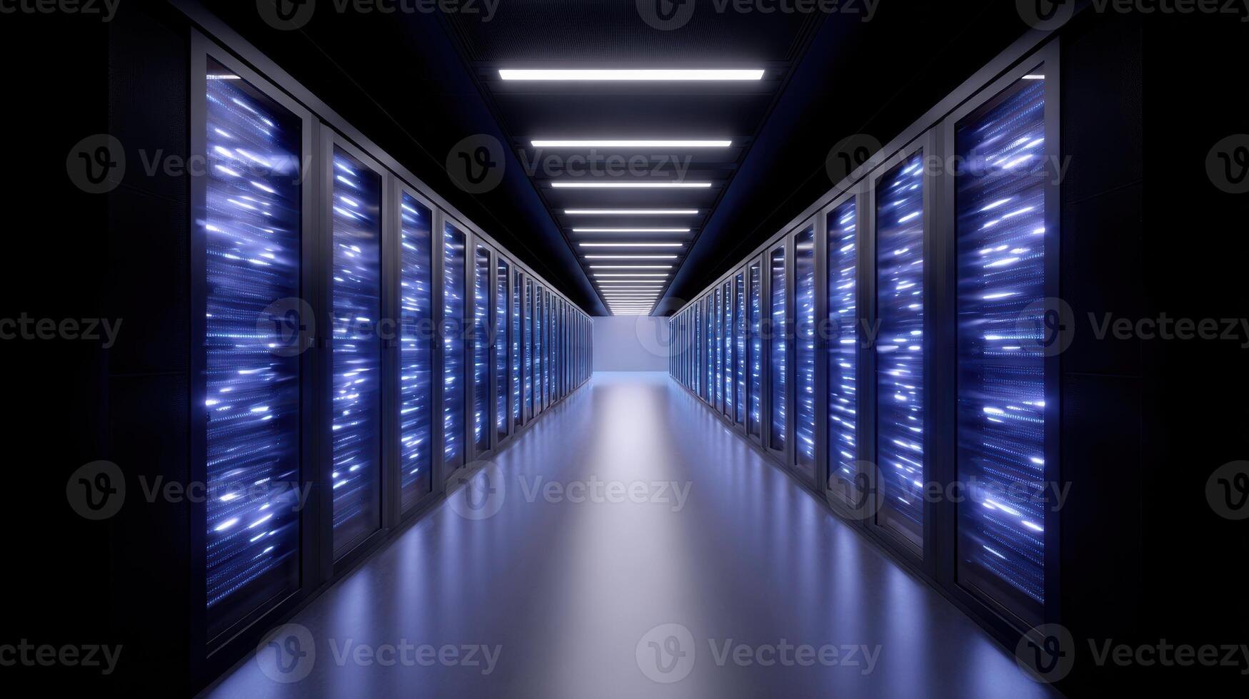 Powerful supercomputer in datacenter with glowing blue server racks. futuristic technology shows network processing massive data for cloud hosting and computing photo