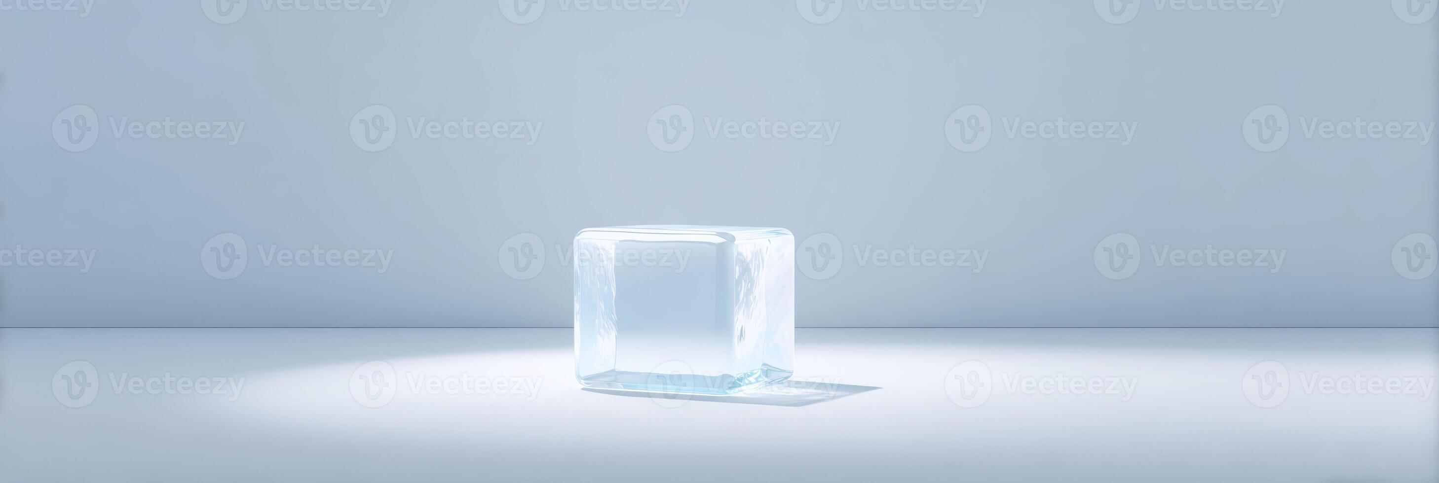 Refreshing minimalist concept of single clear ice cube melting. frozen crystal block of pure water reflects light on cool blue studio background creating serene feeling photo