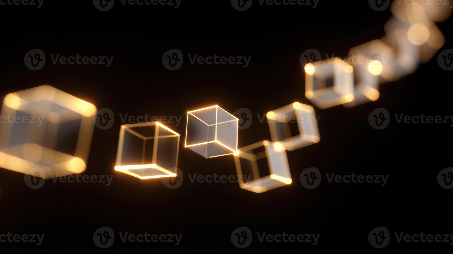 Futuristic concept of blockchain technology with glowing gold network of connected digital cubes. Abstract data connection on black background showing sophisticated innovation photo