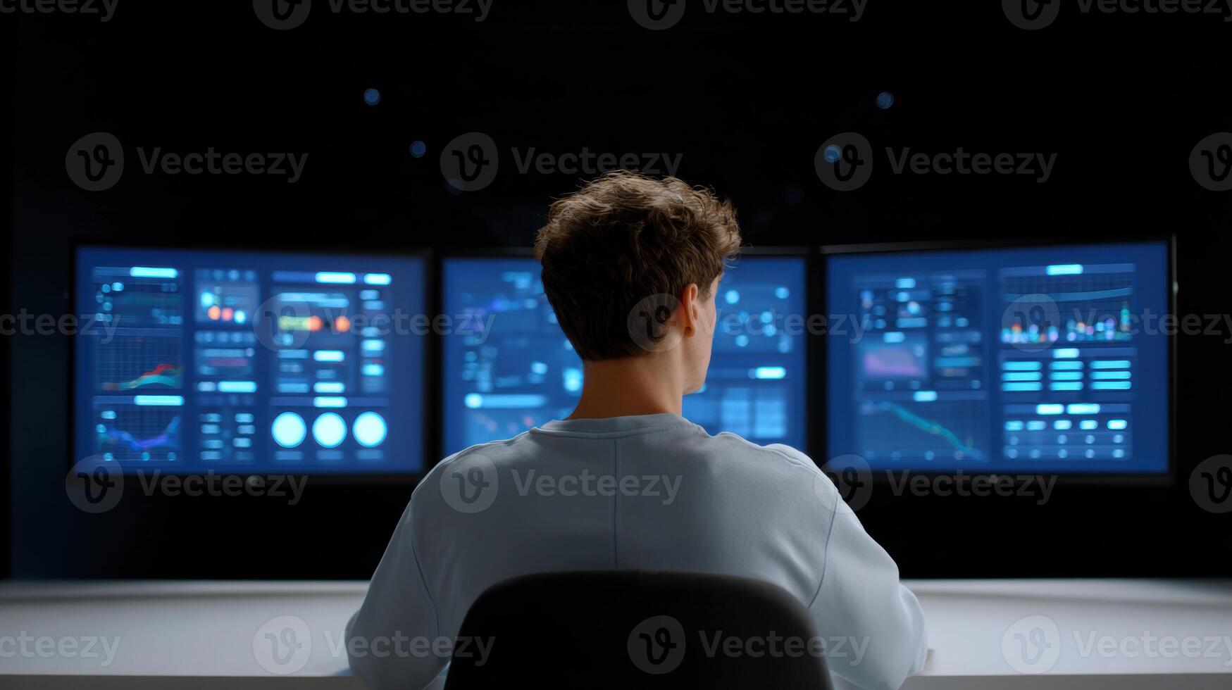 Focused young man, developer, sits analyzing complex global financial data on multiple monitor screens. professional working with advanced AI technology in dark control room photo