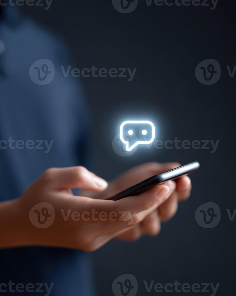 Man using smartphone with glowing AI chatbot icon for communication. Digital technology and an intelligent application assisting with virtual customer service and focused support photo