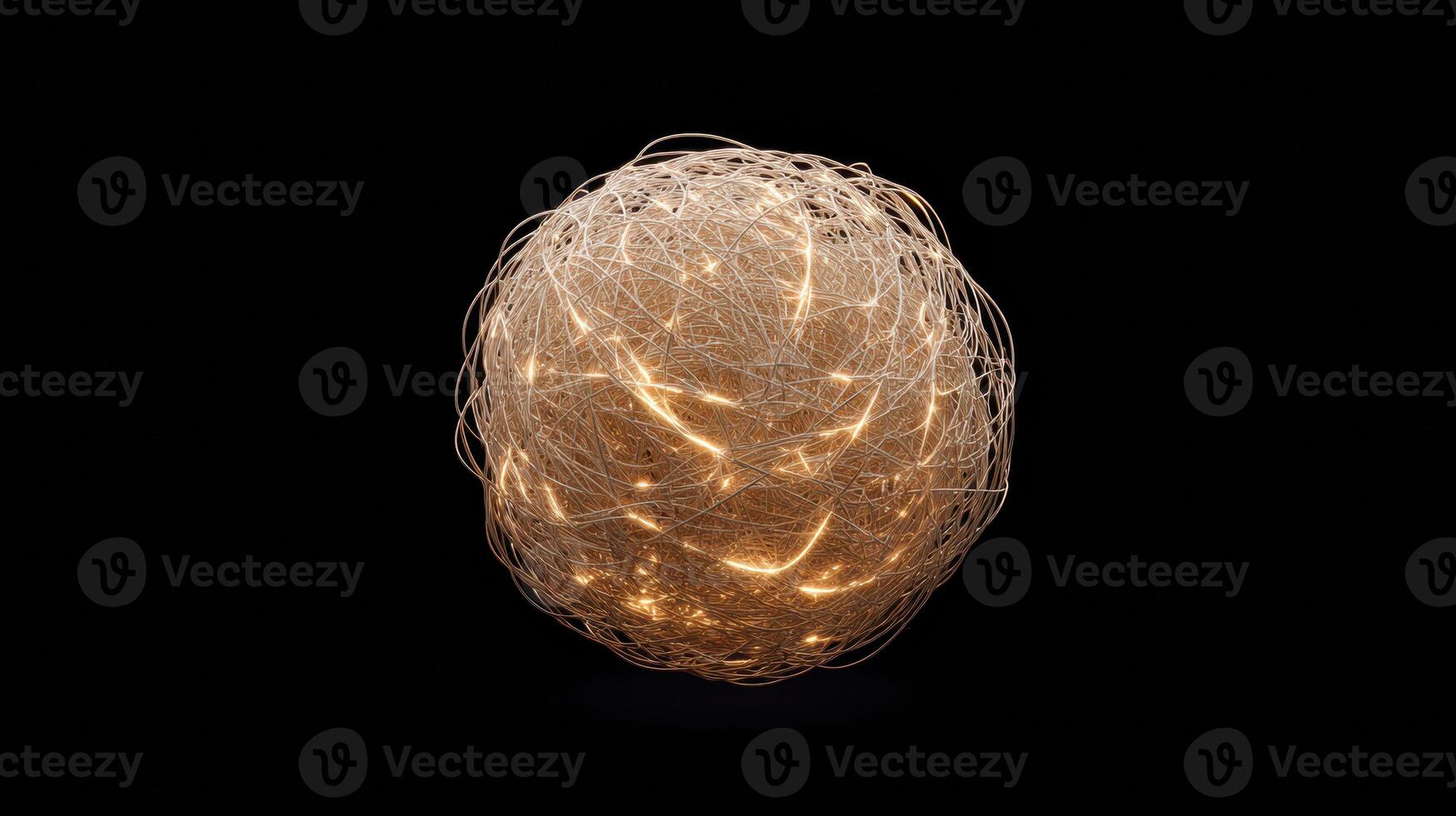 Complex sphere of interwoven metallic thread glowing with mysterious energy. An abstract global network concept of technology, data, and connection on black background photo