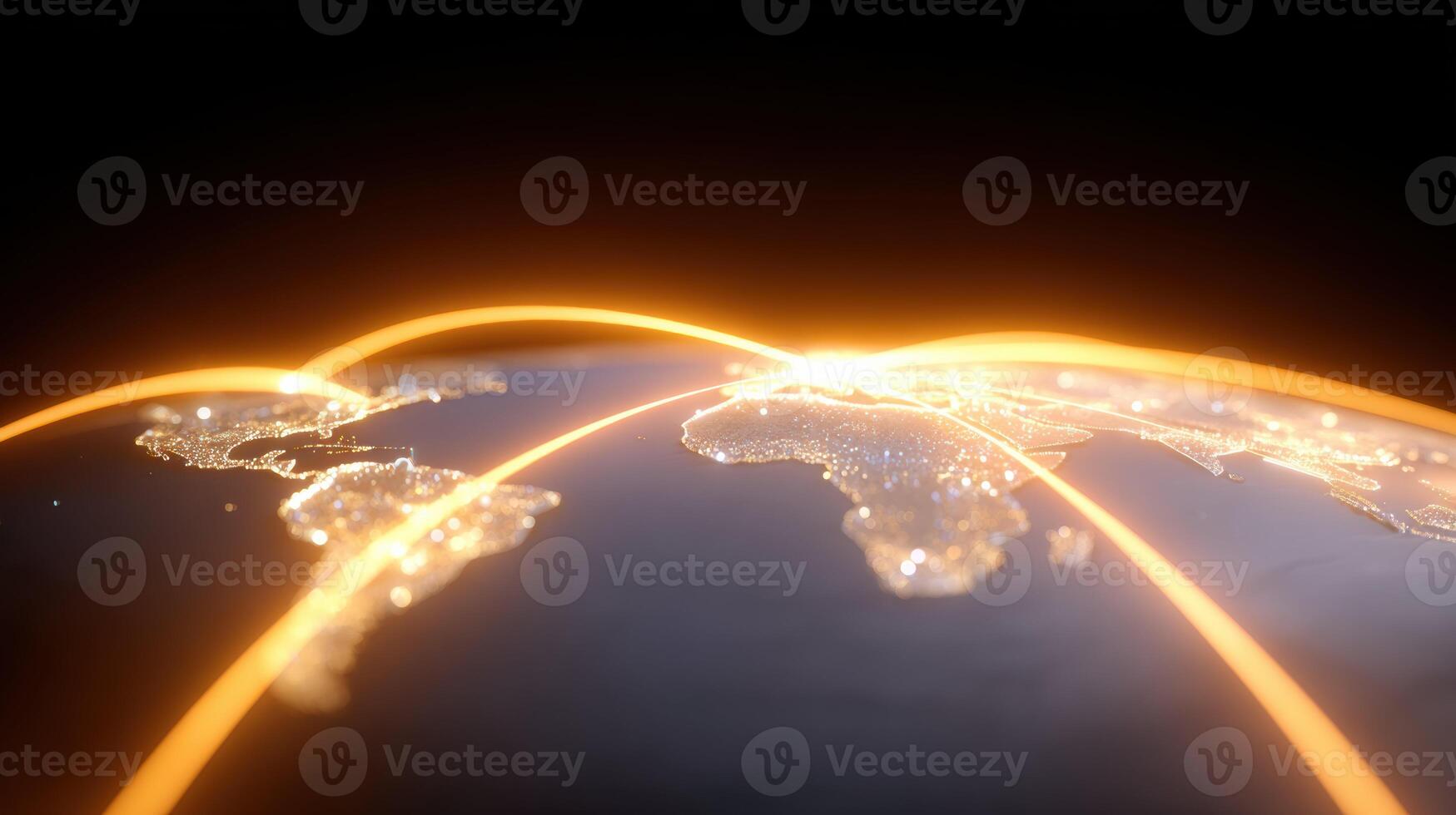 Glowing world map with data line connecting global network. An awe inspiring view of communication, technology, and information flow across planet at night photo