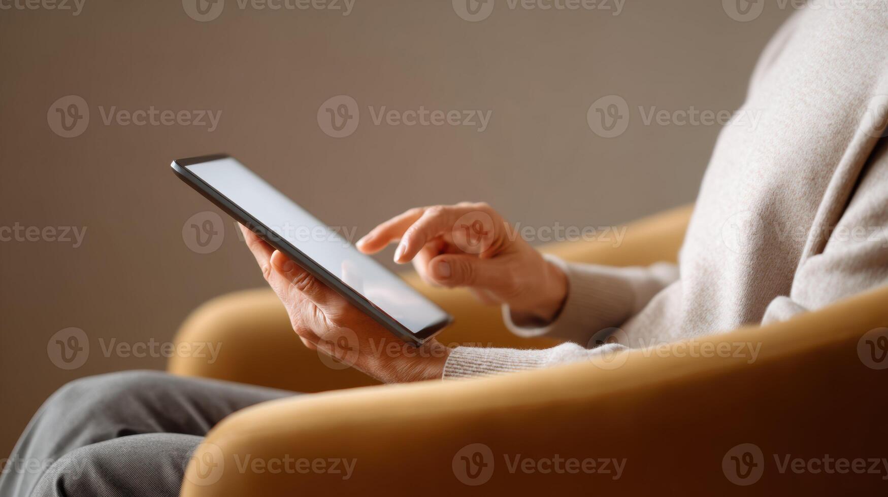 Relaxed person using phone while sitting in yellow armchair at home. Closeup of hand scrolling on screen, using modern technology to browse internet photo