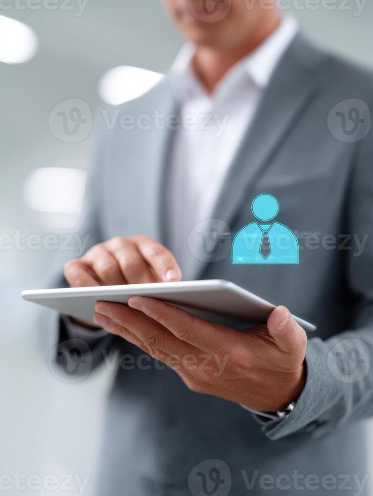 Focused manager and businessman approving workflow on tablet. Professional using business technology and digital icon for project management and modern organization photo