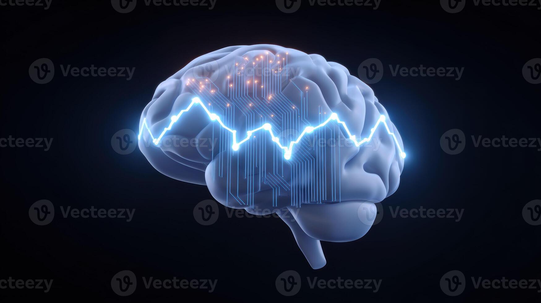 Digital brain concept shows glowing circuit activity and technology processing information. represents mind and artificial intelligence working with intense focus photo