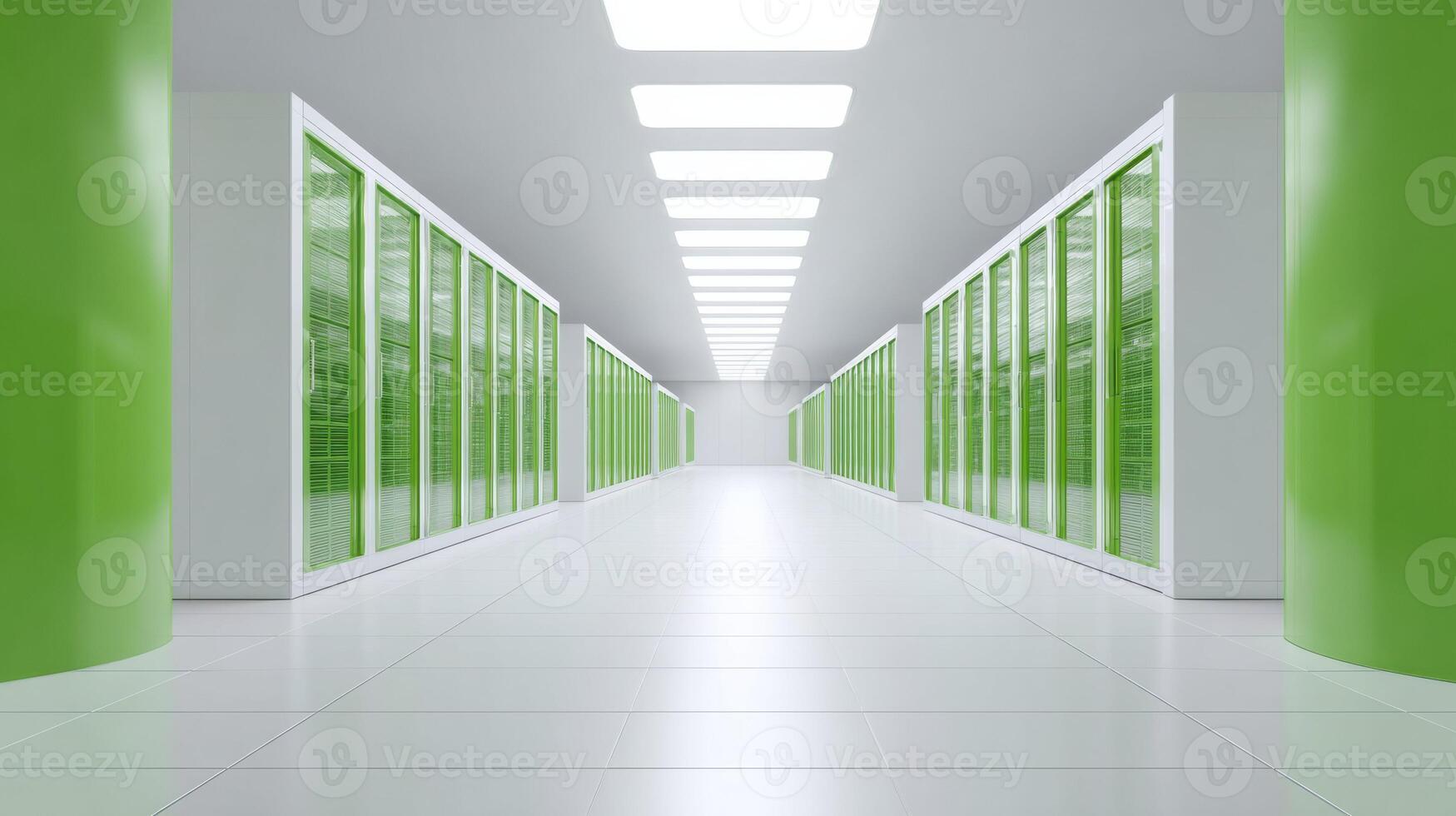 Wide shot of modern and futuristic data center hallway with green server rack technology. sustainable network background evokes feeling of powerful innovation photo