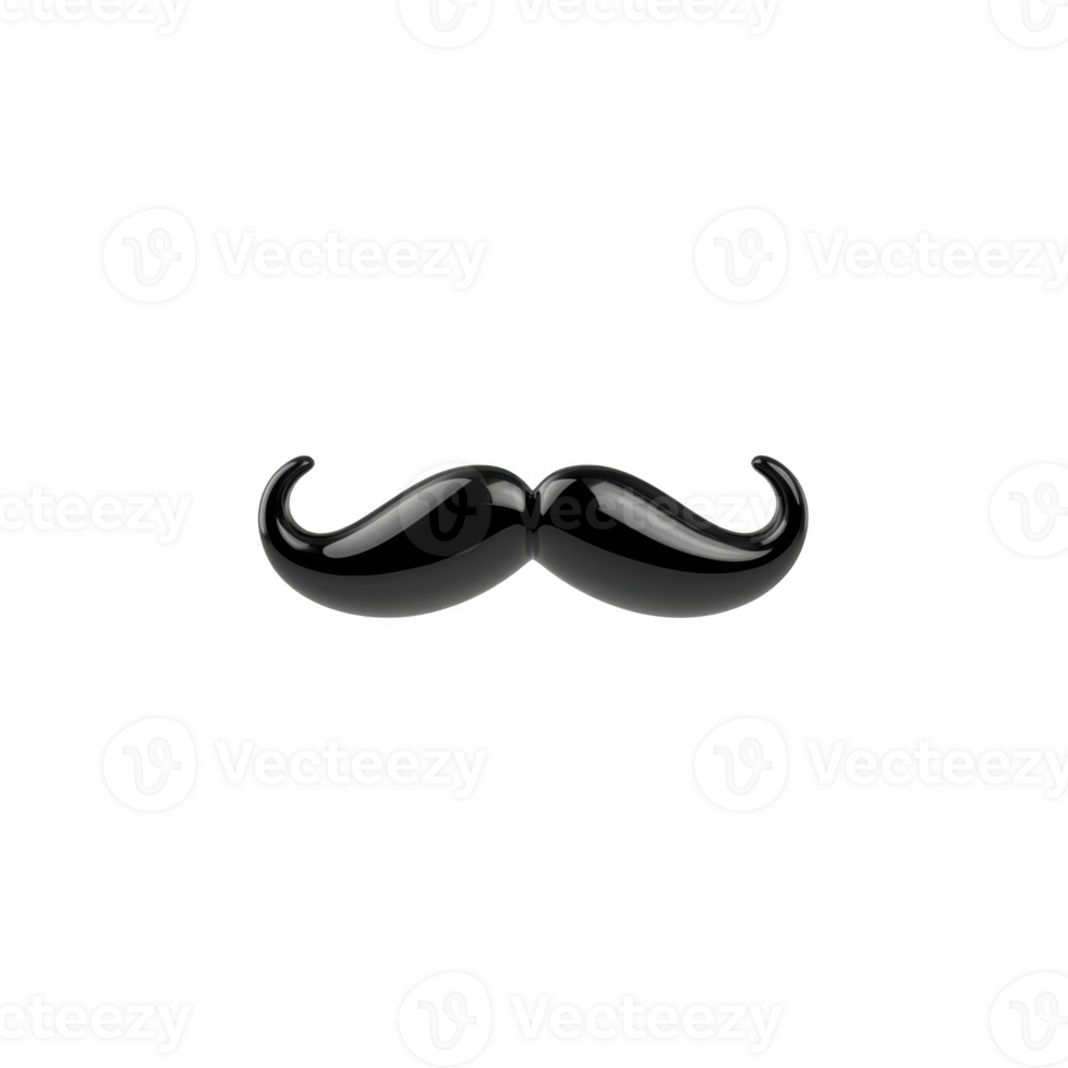 black, glossy, curved mustache icon on transparent background, symbolizing classic style and masculinity. mustache is symmetrical and has shiny finish, adding playful touch png