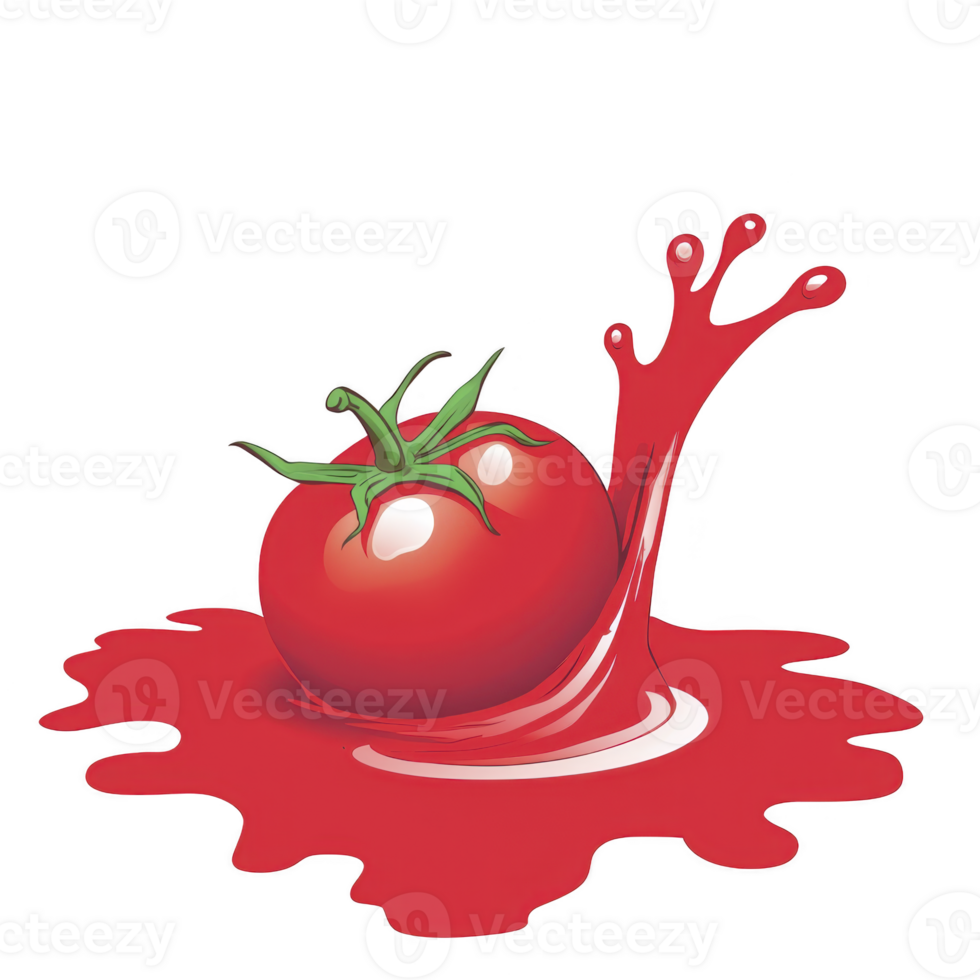 vibrant red tomato splashes into pool of tomato juice, creating dynamic and fresh visual. green stem adds contrast, enhancing lively and appetizing scene png