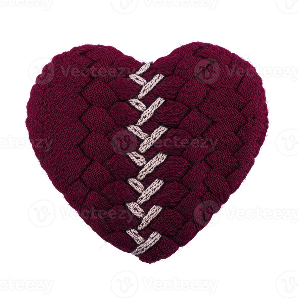 knitted heart shaped pillow with stitched pattern in center, featuring deep red color and intricate design, evokes sense of warmth and comfort png