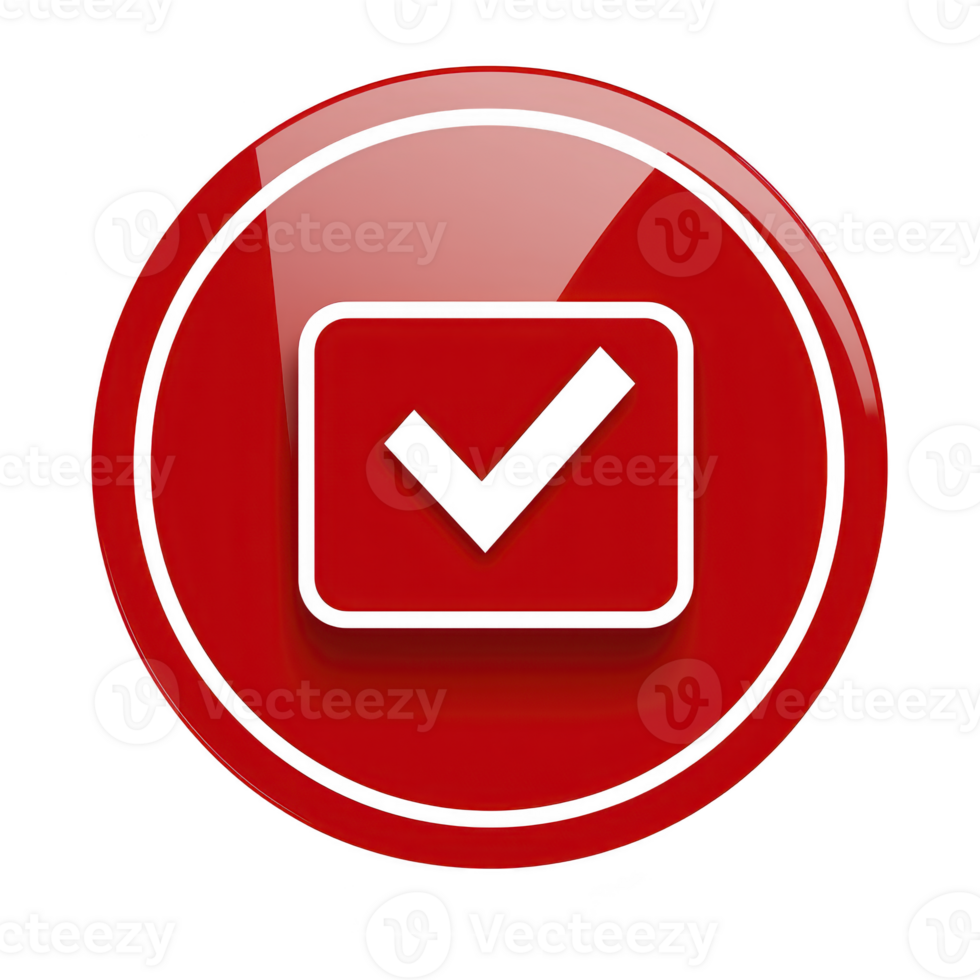 red circular icon with checkmark symbol in center, representing approval or confirmation. glossy finish adds modern touch to design png