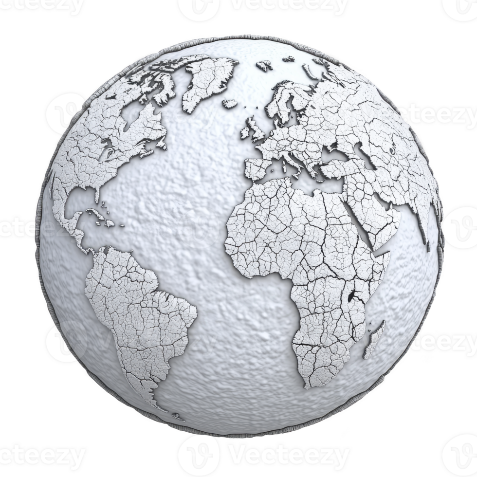 textured white globe with cracked surface patterns represents continents and oceans, symbolizing environmental issues and global warming. artistic design evokes sense of fragility and urgency png