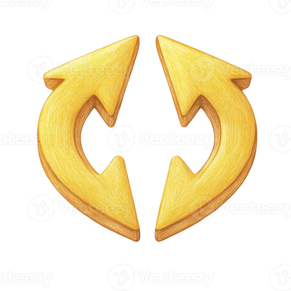 Golden, stylized, double arrow icon with circular design, symbolizing rotation or refresh, is depicted. arrows are textured, giving three dimensional appearance png