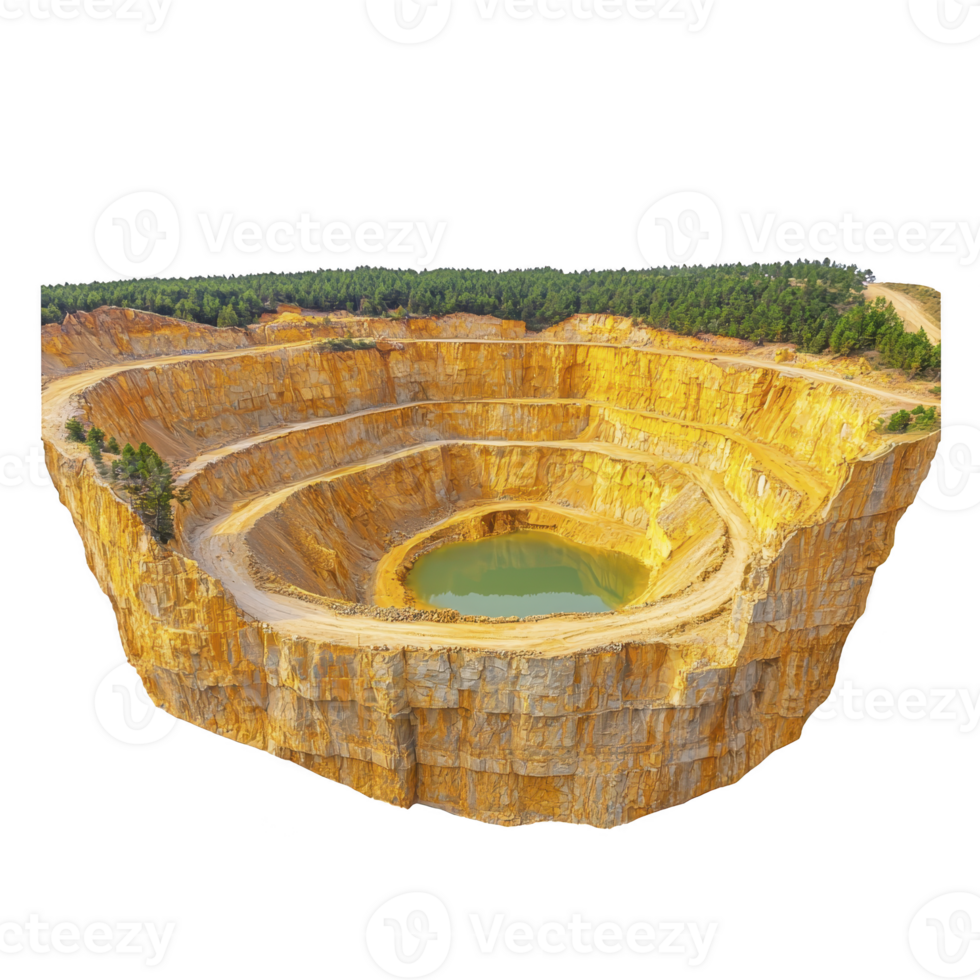 Aerial view of large open pit mine with terraced layers and small turquoise water pool at bottom, surrounded by lush green trees. scene is dramatic and striking png