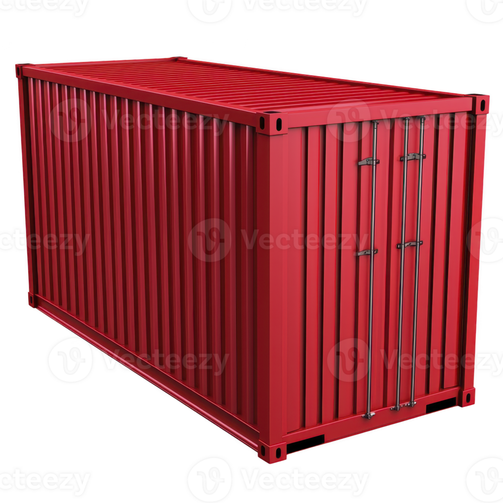 Large red shipping container with closed doors, used for transporting goods, stands isolated on transparency background. container metal structure and vibrant color make it visually striking png