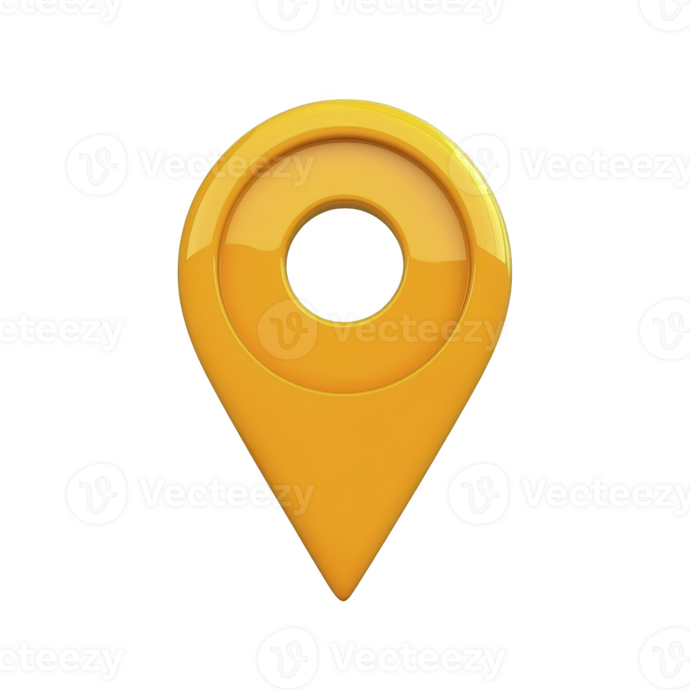 Shiny yellow map pin icon with circular hole in center, symbolizing location or navigation. glossy finish gives it modern and sleek appearance, ideal for digital maps or apps png
