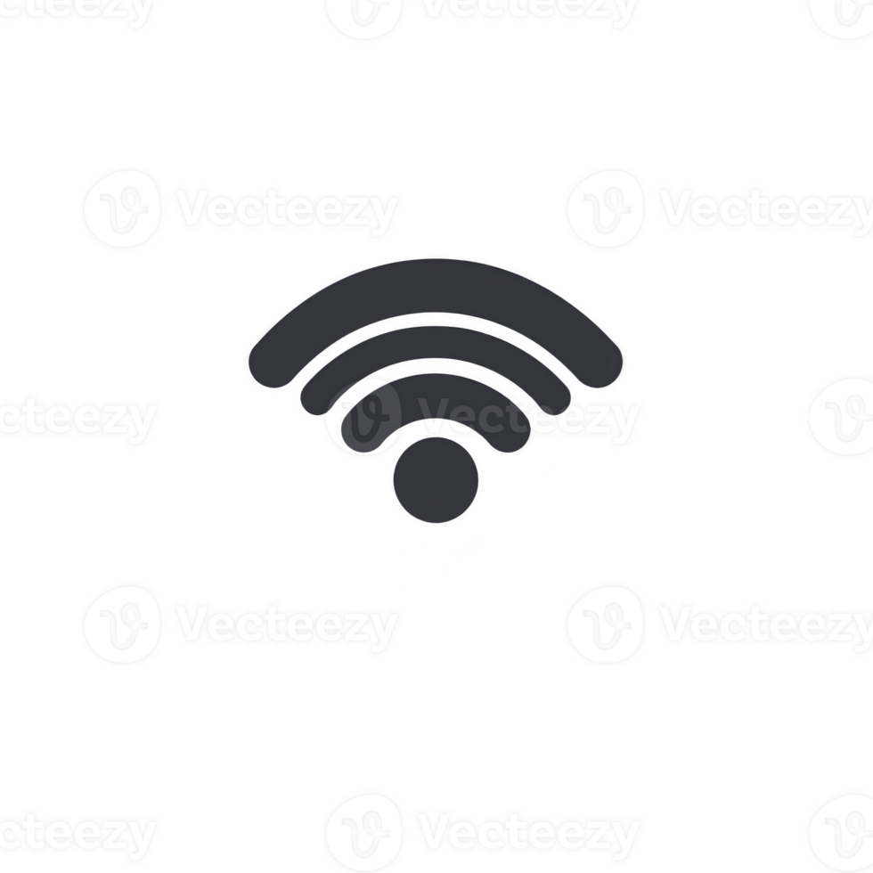 Black Wi Fi symbol on transparent background, representing wireless internet connectivity. icon consists of three curved lines above solid circle, symbolizing signal strength png