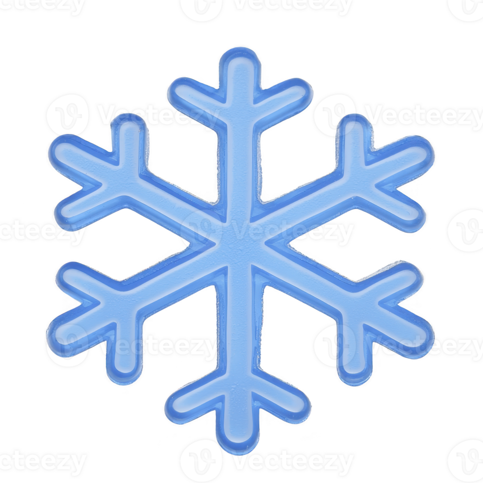 Blue snowflake icon with simple, symmetrical design, representing winter and cold weather. snowflake has six branches, each with geometric pattern, creating crisp and clean appearance png
