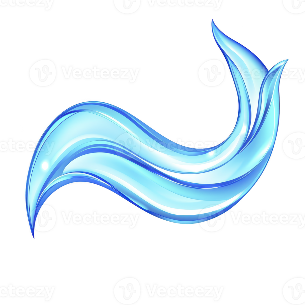 Dynamic, flowing blue wave design with glossy, translucent appearance, evoking sense of movement and fluidity. abstract shape is smooth and elegant, resembling water or stylized ribbon png