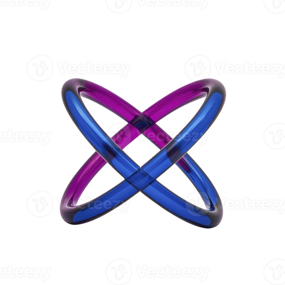Vibrant 3D abstract shape featuring interlocking purple and blue rings, creating dynamic and futuristic design. glossy finish adds depth and modern touch png