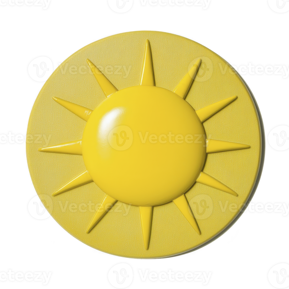 Bright yellow sun icon with smooth, glossy surface and pointed rays symbolizes warmth and positivity. simple design is ideal for weather apps or cheerful graphics png