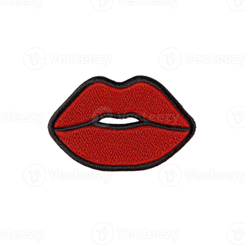 Red embroidered patch in shape of lips with black outline, symbolizing playful and bold expression. patch is isolated on transparency background png