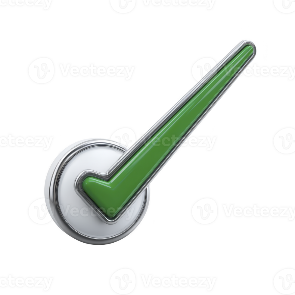 3D green check mark with metallic outline symbolizes approval or success. check mark is prominently displayed against transparency background, conveying sense of completion and correctness png
