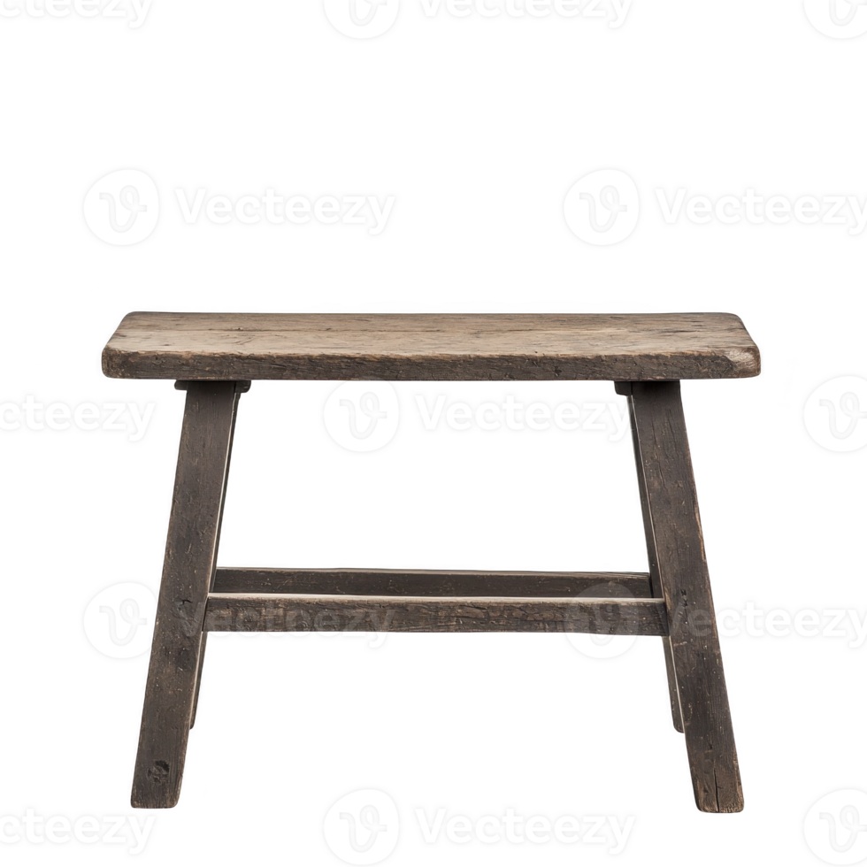 Rustic wooden stool with simple, sturdy design, featuring flat rectangular seat and four angled legs. stool has weathered appearance, adding to its vintage charm png