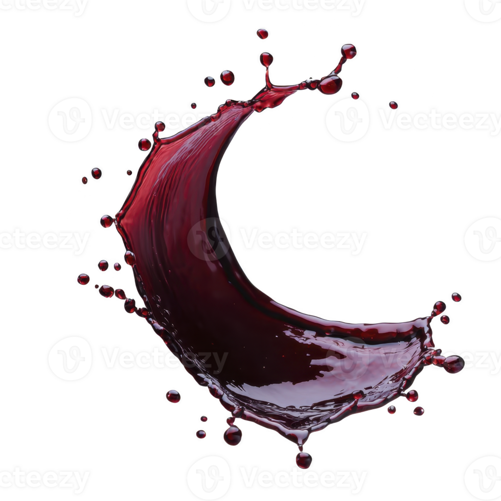 Dynamic splash of red liquid forms crescent shape against transparent background, capturing motion and energy. vivid color and fluid motion create striking visual effect png