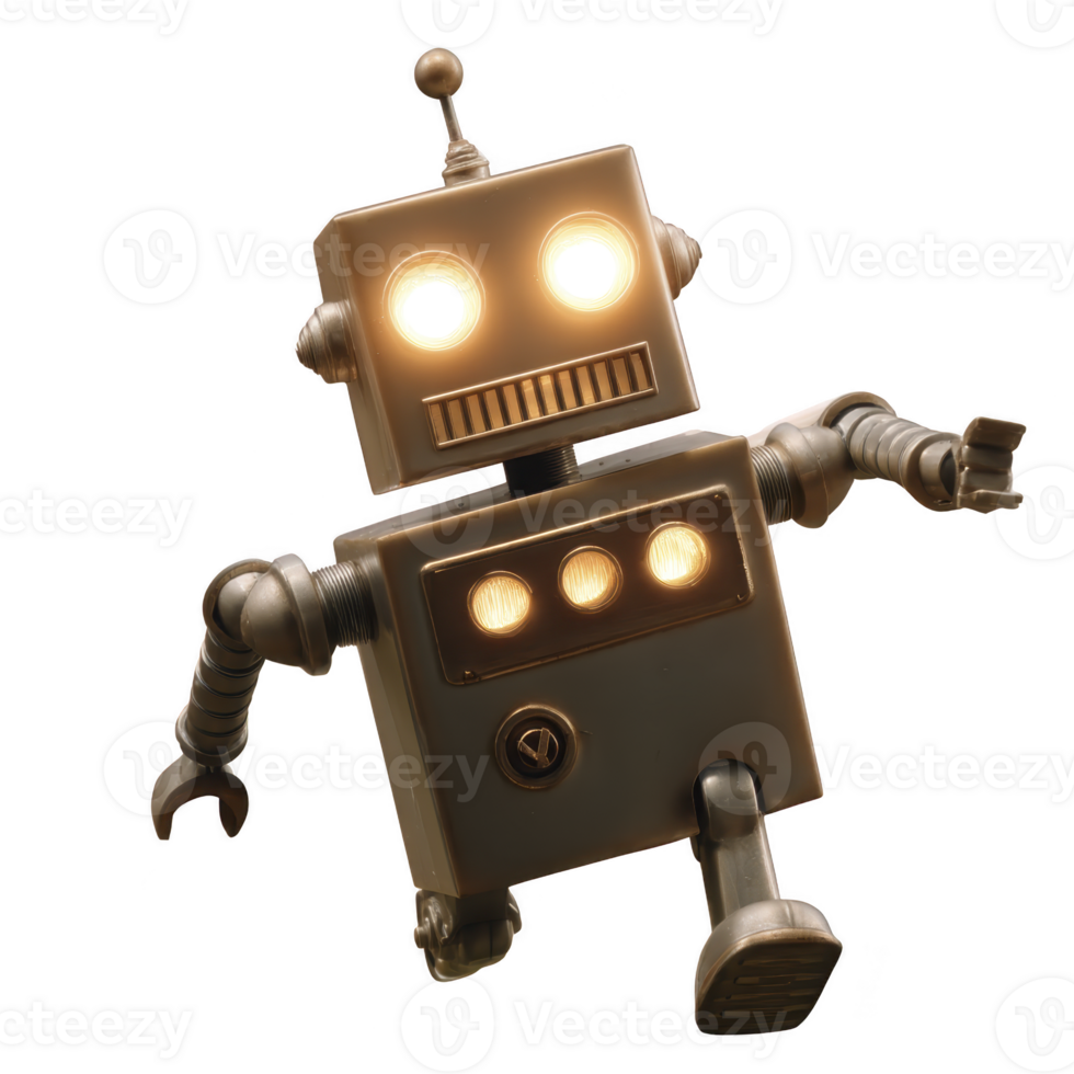 rétro stylé robot avec embrasé yeux et métallique corps est représenté dans espiègle pose, mettant en valeur ses mécanique membres et ancien conception. robot expression est de bonne humeur png