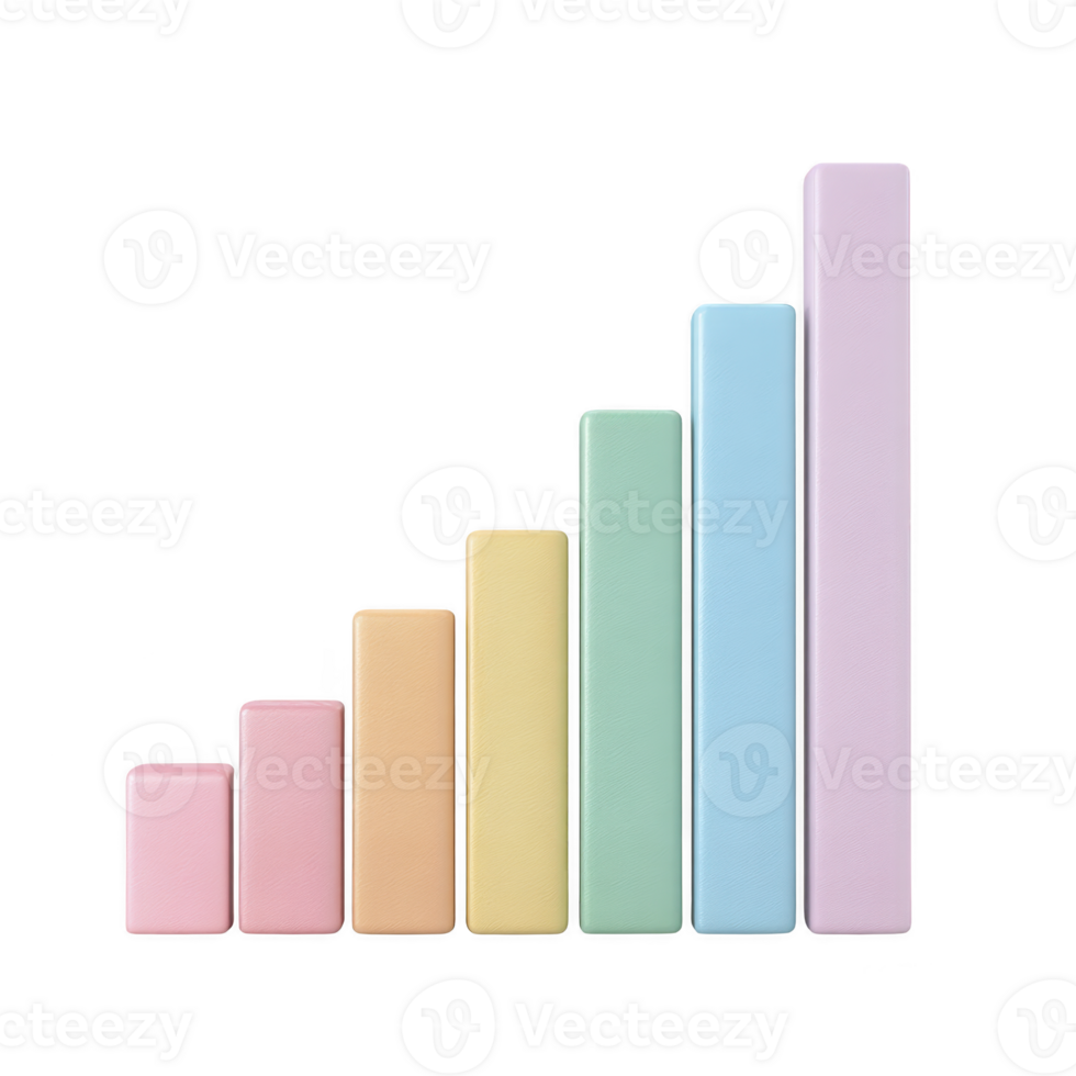 Colorful pastel blocks arranged in ascending order create visually appealing bar graph, symbolizing growth and progress. soft hues add playful and modern touch to design png