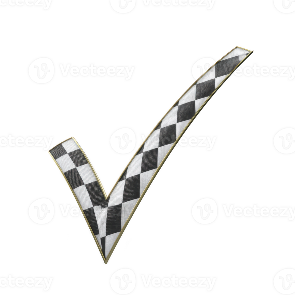 Checkered pattern checkmark symbolizing approval or completion, featuring black and white design with glossy finish. checkmark is angled and has sleek, modern appearance png