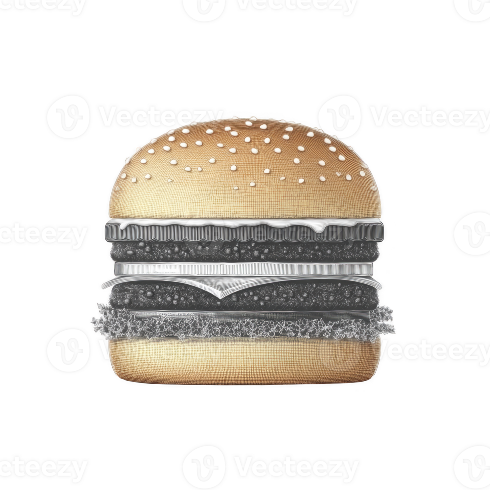 Stylized hamburger illustration features sesame seed bun, layers of cheese, and patty with unique monochrome color scheme, creating modern and artistic look png