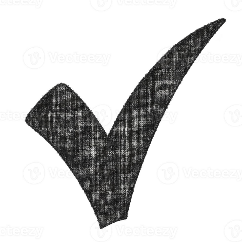 Textured black check mark symbol on transparency background, representing approval or correctness. check mark has fabric like appearance, adding unique touch to classic symbol png