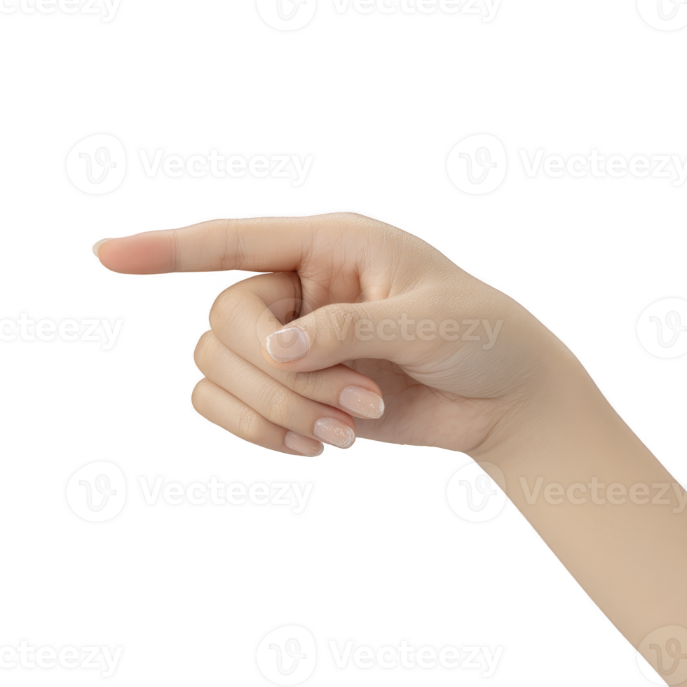 Hand with neutral skin tone is pointing forward with index finger extended, while other fingers are curled inward. background is transparent, highlighting gesture png