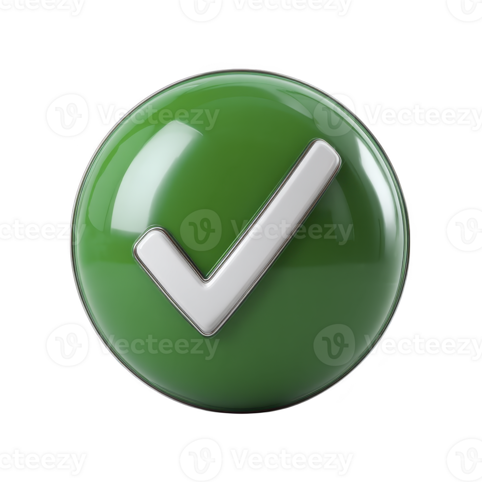 Glossy green check mark icon symbolizes approval or success. shiny, reflective surface adds modern touch, making it ideal for digital interfaces or presentations png