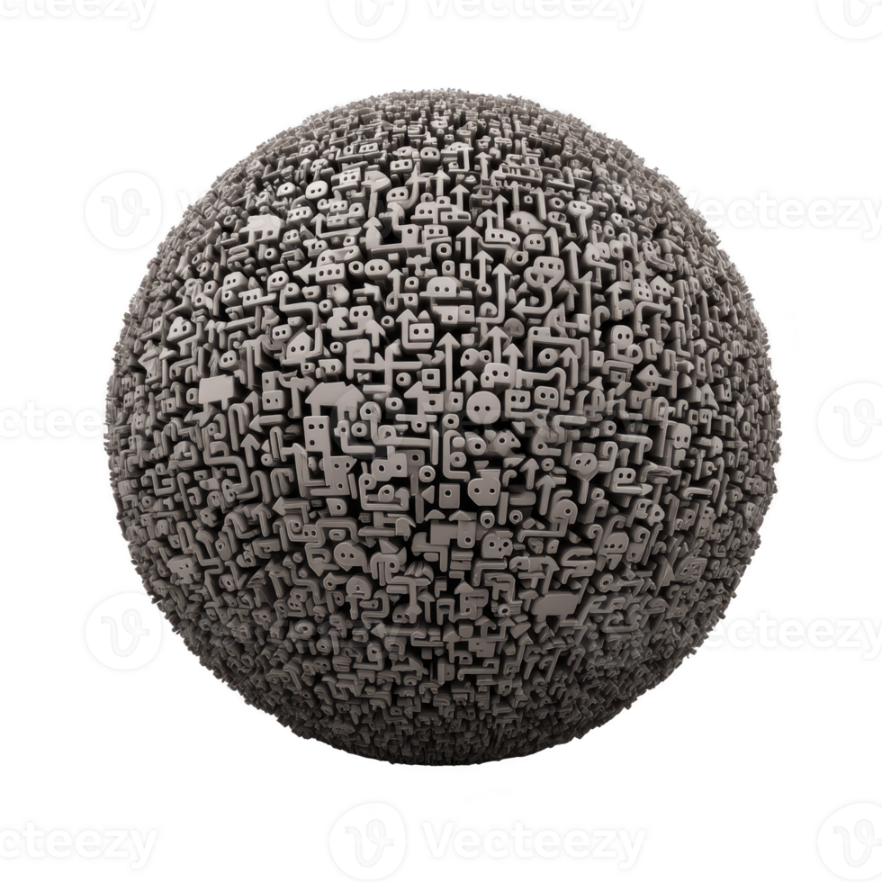 Spherical object covered in intricate, abstract patterns and symbols, resembling complex maze or network. design is monochromatic, giving it futuristic and mysterious appearance png