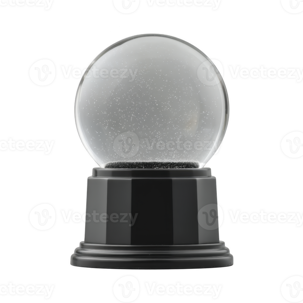 Clear glass snow globe with black base, empty and ready for customization, stands against plain background. globe is simple and elegant, perfect for decoration or gifting png