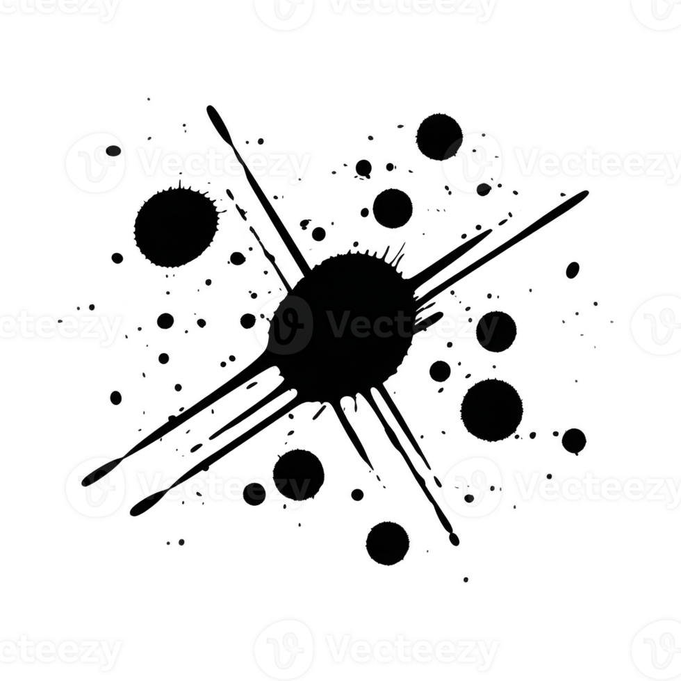 Black ink splatter with various sized droplets and streaks radiating outward creates dynamic and artistic effect. abstract design is bold and expressive png