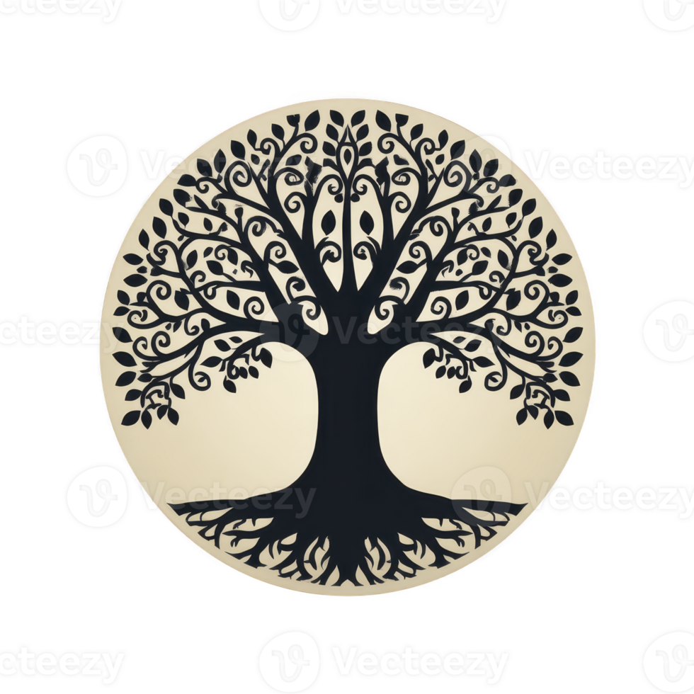 Stylized tree of life design with intricate branches and roots is centered in circular frame, symbolizing growth and connection. monochrome palette adds elegance png