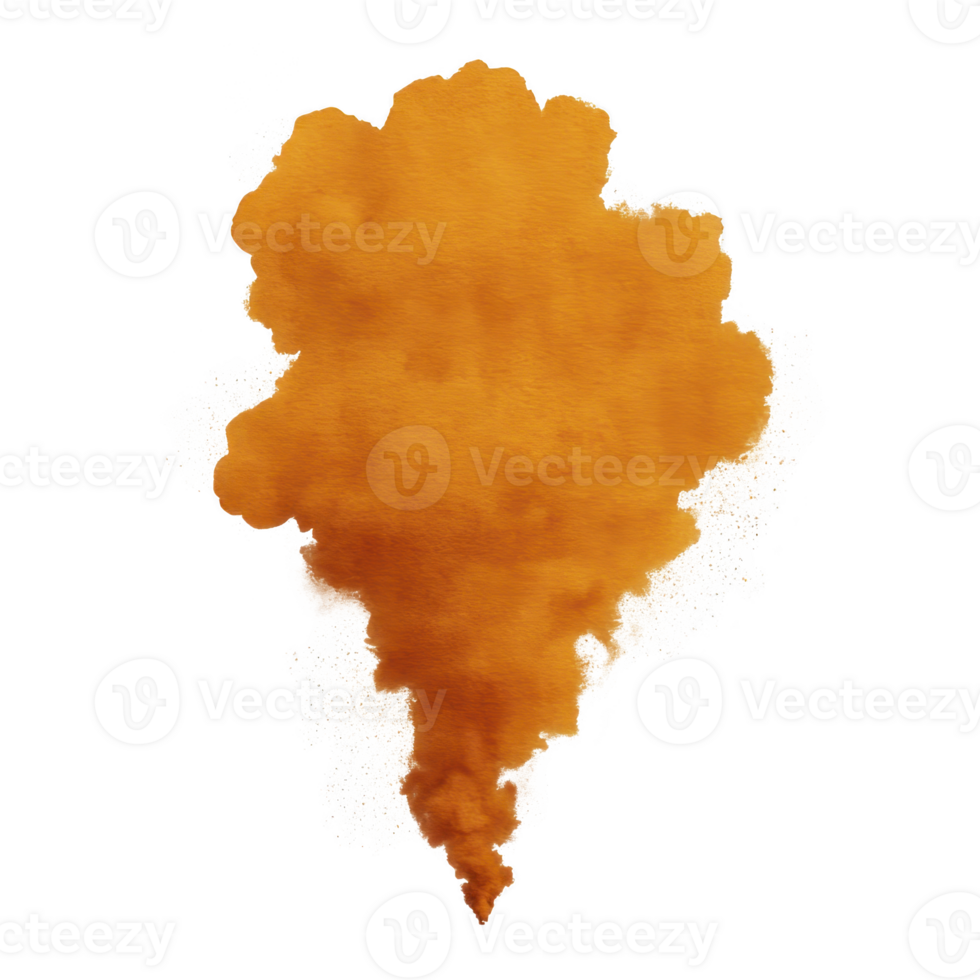 Vibrant orange smoke cloud billows upward, creating dynamic and energetic visual effect against transparent background. texture is soft and diffused, resembling watercolor painting png