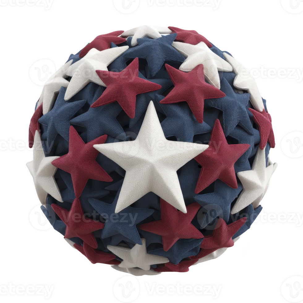 Spherical object covered in red, white, and blue stars, symbolizing patriotism and unity. stars are three dimensional and arranged in textured pattern, creating dynamic visual effect png