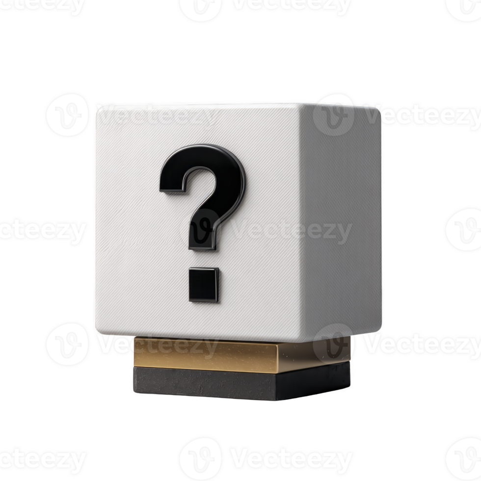 White cube with black question mark on it stands on reflective surface, symbolizing mystery and inquiry. cube minimalist design and neutral colors create sense of curiosity png